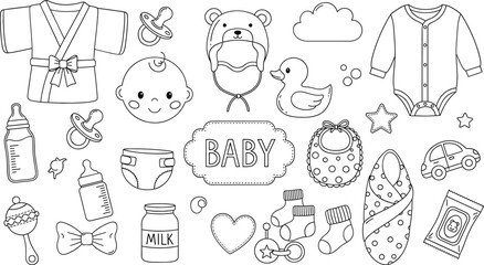 Obraz premium Baby care doodle vector illustration set with newborn clothes toys bottles pacifiers and nursery accessories