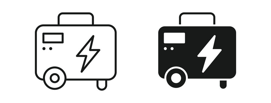 Electric generator icon set in outline and silhouette style, representing portable power supply, emergency electricity, and energy generation, vector illustration.