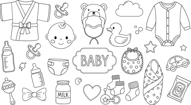 Baby care doodle vector illustration set with newborn clothes toys bottles pacifiers and nursery accessories
