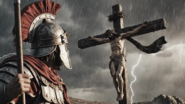 Roman Soldier Watches Jesus Crucified - A Roman soldier stands guard with a spear, watching Jesus Christ on the cross during a storm. The scene depicts the crucifixion during ancient biblical times.