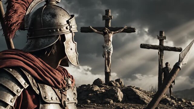 Roman Soldier Witnessing Crucifixion - A Roman soldier stands guard at the foot of Golgotha, watching Jesus Christ on the cross during his crucifixion in ancient times.
