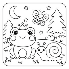 Cute Frog Prince with Snail and Butterfly at Night – Kids Coloring Page