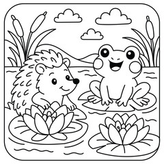 Cute Frog and Hedgehog on Lily Pads at Pond – Kids Coloring Page