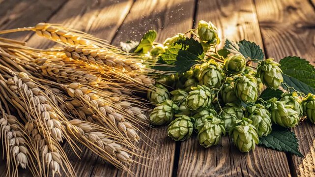 Golden Barley and Hops on Rustic Wood - This video features a bundle of golden barley and fresh green hops lying on a rustic wooden background.