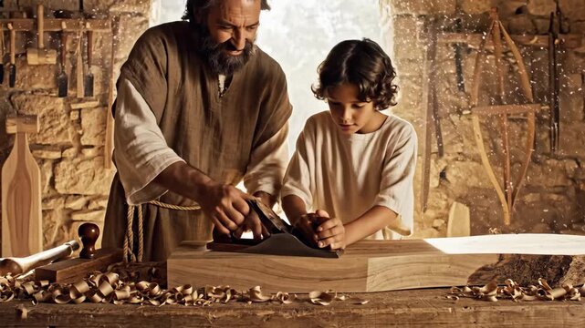 Saint Joseph Teaching Jesus Carpentry - A biblical scene depicts Saint Joseph teaching young Jesus carpentry skills. The boy is learning the trade of woodworking in the biblical period.