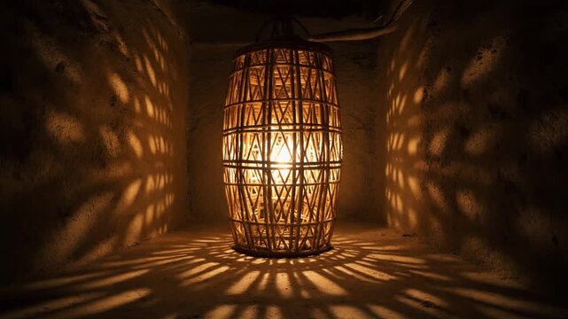 Woven Lantern Casting Intricate Shadows on Textured Walls in a Dark Room (284