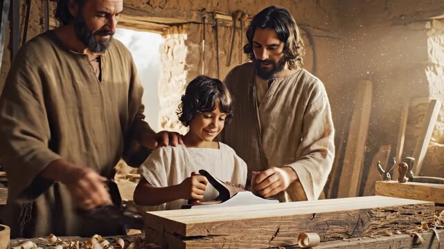 Saint Joseph Teaching Young Jesus Carpentry - Saint Joseph is seen teaching the young Jesus Christ carpentry skills in his workshop, in a scene depicting a biblical period and the tradition of