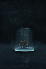 3d Rendering of a snow globe with a shining christmass tree in it, surrounded by cold concrete environment