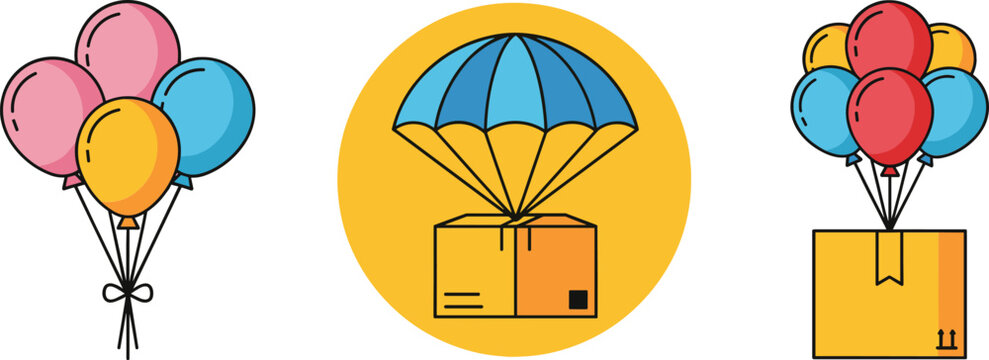 Balloon gift delivery vector illustration set with festive balloons parachute box and party surprise elements