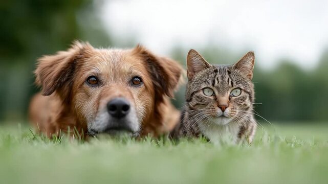 Close up of a friendly brown dog and a tabby cat lying together on a green lawn, looking attentively at the camera. Beautiful depiction of an unlikely friendship and interspecies animal bond