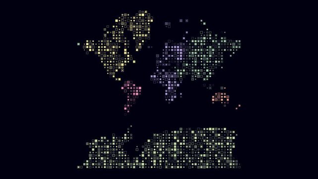 World animated shape. Pulsating colored dots on the map of the world. Small size square blocks. Digital style map on dark background. Stylish animation video.
