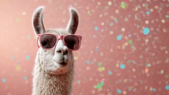 Funny white llama wearing pink sunglasses looking at the camera and turning its head during a party with confetti and bokeh lights against a vibrant, celebratory pink background