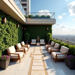 Luxurious rooftop terrace with plush seating and lush greenery overlooking a serene ocean vista