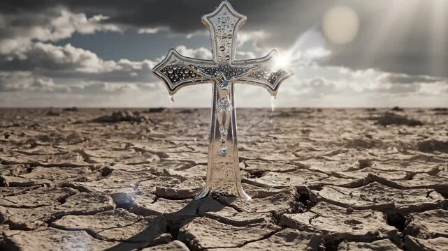 Silver Cross on Cracked Earth - This video shows a silver cross emerging from cracked, dry ground. Water droplets cling to its surface, symbolizing hope and renewal in a time of crisis.