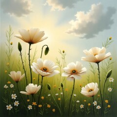 Delicate white poppies bloom vibrantly under a soft sunlit sky with fluffy clouds