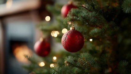 Festive red christmas ball ornament hanging on a lush green pine branch with warm sparkling lights, creating a cozy holiday atmosphere with a fireplace glowing softly in the background - Powered by Adobe