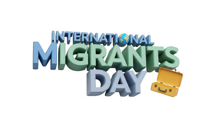 International migrants day text with suitcase illustration isolated on transparent background