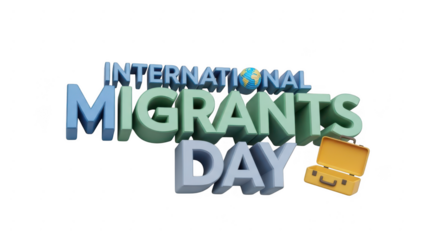 International migrants day text with suitcase illustration isolated on transparent background