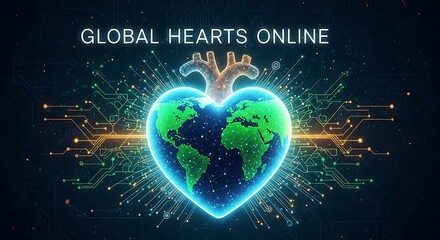 Digital heart globe connectivity concept with circuitry and earth illustration