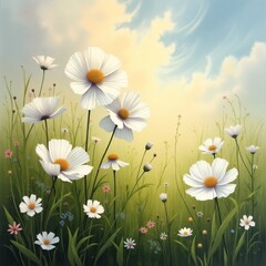 Delicate white cosmos flowers bloom vibrantly in a sunlit meadow under a soft blue sky