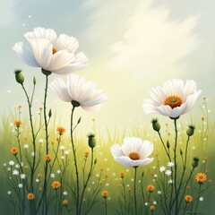 Delicate white poppies bloom vibrantly in a sunlit meadow with soft green foliage and a hazy sky