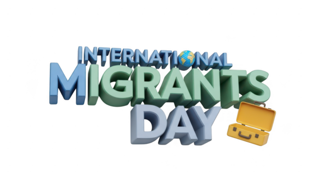 International migrants day text with suitcase illustration isolated on transparent background