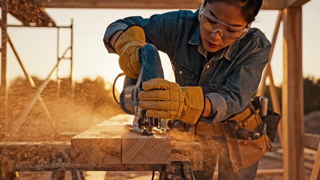Female Carpenter Cutting Wood with Jigsaw at Sunset - A skilled female carpenter is carefully using a jigsaw to cut a wooden plank at a construction site.
