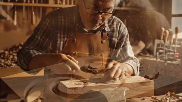 Skilled craftsman carving wood design - A skilled woodworker is seen meticulously carving a swirling design into a piece of light-colored wood using a traditional chisel.