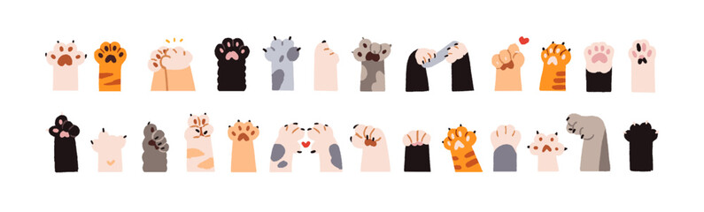 Set of cute cats' paws. Doodle kittens' hands with pads and claws gesturing: greeting, pointing, showing signs of heart, peace, thumb up. Flat isolated hand drawn vector illustrations on white © Paper Trident