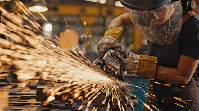 Worker Grinding Metal in Manufacturing Workshop - A worker in protective gear operates a grinding tool, sending bright sparks flying in a manufacturing workshop.