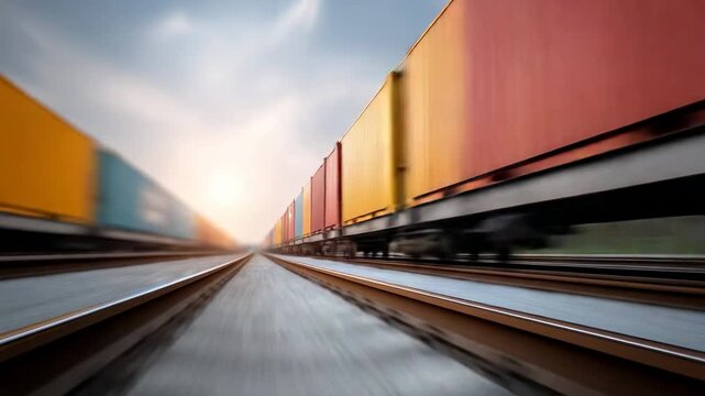 Colorful freight train with shipping containers moving fast along railroad tracks, representing the concepts of global logistics, supply chain management, and international trade at sunset