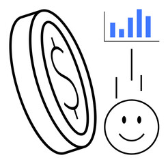 Financial growth concept. Coin and cheerful face highlight success and profit from growth. Financial growth through graph, emphasizing business and investment potential. For finance, investment