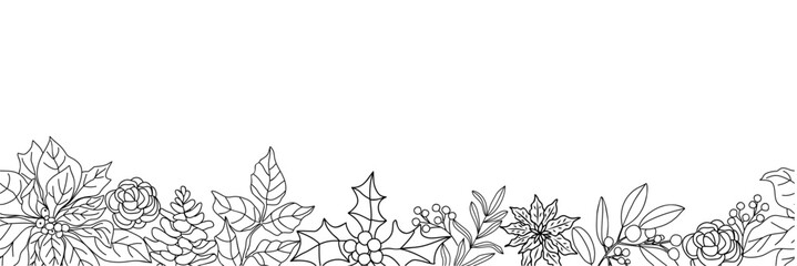 Elegant continuous line floral border with roses, holly, pinecones and berries in black and white along bottom edge.