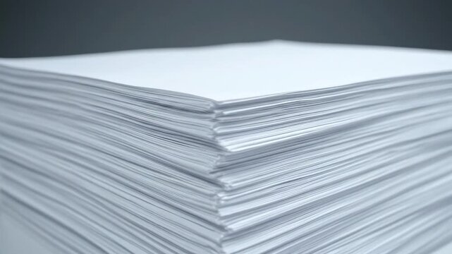 Stack of White Paper - This video shows a large stack of blank, white paper sheets. The paper is neatly stacked on a clean, neutral surface, suggesting office or business use.
