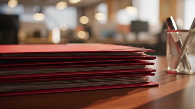 Stack of Red Folders on Desk in Office - A stack of red folders sits on a desk in an office setting, with the background softly blurred.
