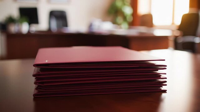 Stack of Red Folders on a Desk - A stack of red folders sits on a wooden desk. In the background, a softly blurred office environment can be seen.