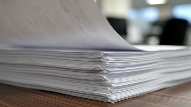 Stack of Printer Paper in Office - This video shows a large stack of unused printer paper resting on a wooden desk in a blurred office environment. The focus is on the crisp, white sheets of paper.