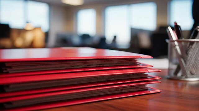 Stack of Red Folders on a Desk - A close-up shot features a neat stack of red folders resting on a polished wooden desk.