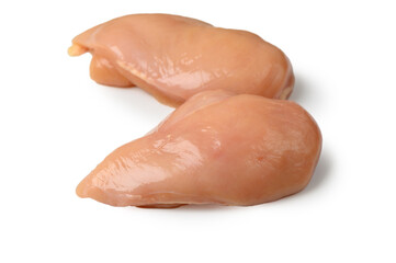 Fototapeta premium Several Raw Skinless Chicken Breasts on White Background. Composition for Recipe or Menu.