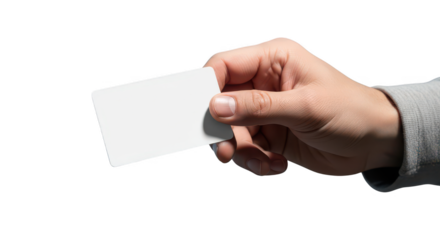 Hand holding a blank white business card isolated on white background