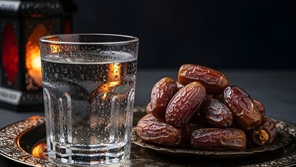 A traditional Iftar setting featuring a handful of sweet dates and a full glass of water, vital for breaking the day-long fast. The warm light emanating from a traditional Fanoos lantern in the backgr