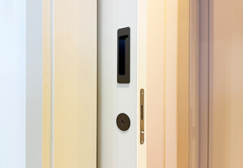 Naklejka premium Sliding door concealed handle and key lock modern minimal style.