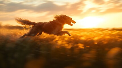 Golden Retriever running joyfully through a field at sunset