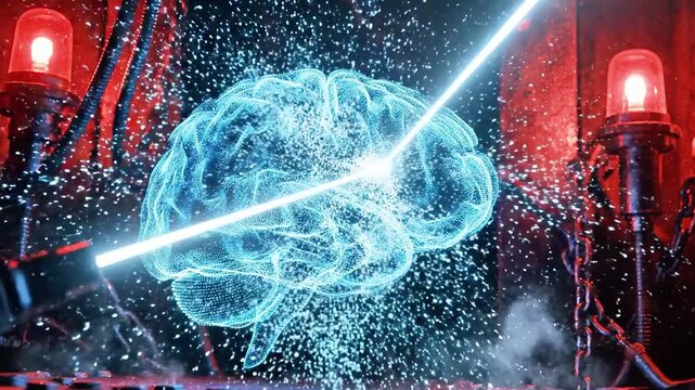 A glowing, brain-shaped structure is zapped by beams in a dim industrial setting