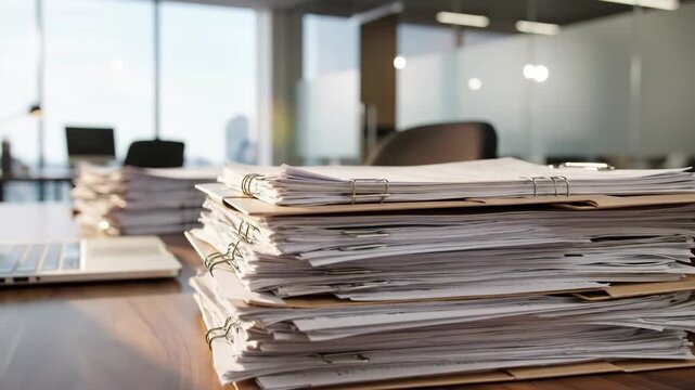 Stacked Documents in Modern Office - This video shows a stack of documents and papers held together with metal binder clips on a desk in a modern office.