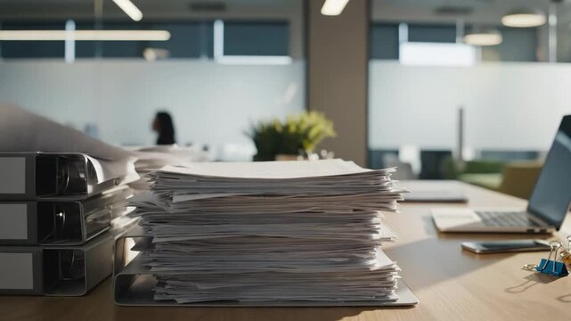 Stacked Documents and Papers on Desk - A stack of documents and papers sits on a desk in a modern office environment. In the blurred background is a laptop and other office supplies.
