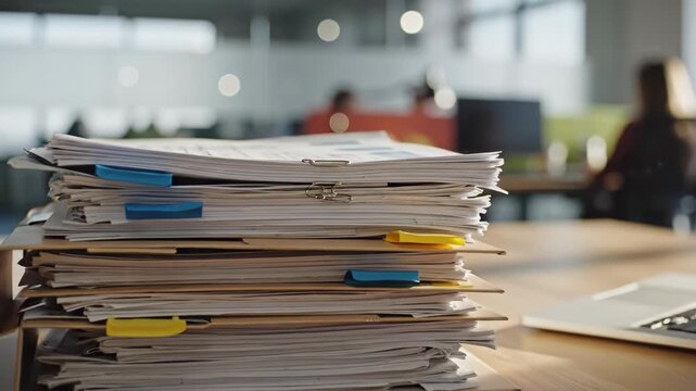 Stacked Documents on Desk in Modern Office - A stack of documents and papers sits on a desk in a modern office environment. The background is blurred, showing other workers in the office space.