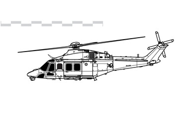 Boeing MH-139 Grey Wolf. Vector drawing of military transport helicopter. Side view. Image for illustration and infographics.