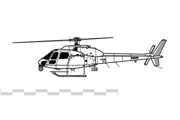 Eurocopter AS355 Ecureuil 2. Vector drawing of light utility helicopter. Side view. Image for illustration and infographics. © Alex