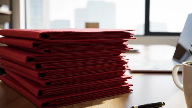 Stacked Red Documents on Modern Desk - A stack of red covered documents sits on a bright modern office desk next to a pen, succulent, and laptop.